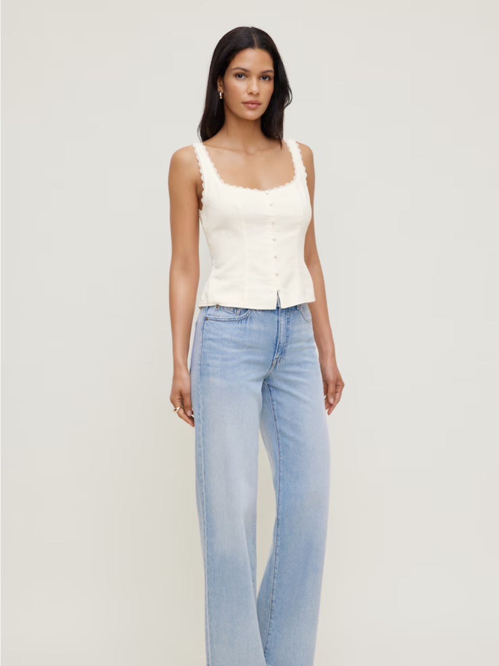 Dynamite White Lace-Trim Button-Front Tank